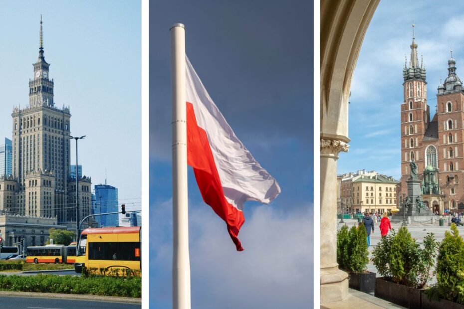Polska przyciąga coraz więcej turystów Foto: 3 zdjęcia przedstawiające kolejno Pałac Kultury w Warszawie, flagę Polski i Kościół Mariacki w Krakowie