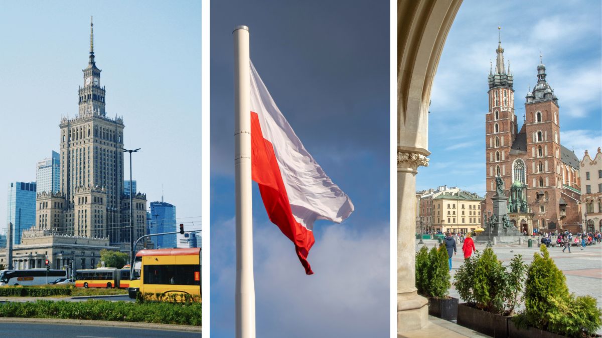 Polska przyciąga coraz więcej turystów Foto: 3 zdjęcia przedstawiające kolejno Pałac Kultury w Warszawie, flagę Polski i Kościół Mariacki w Krakowie