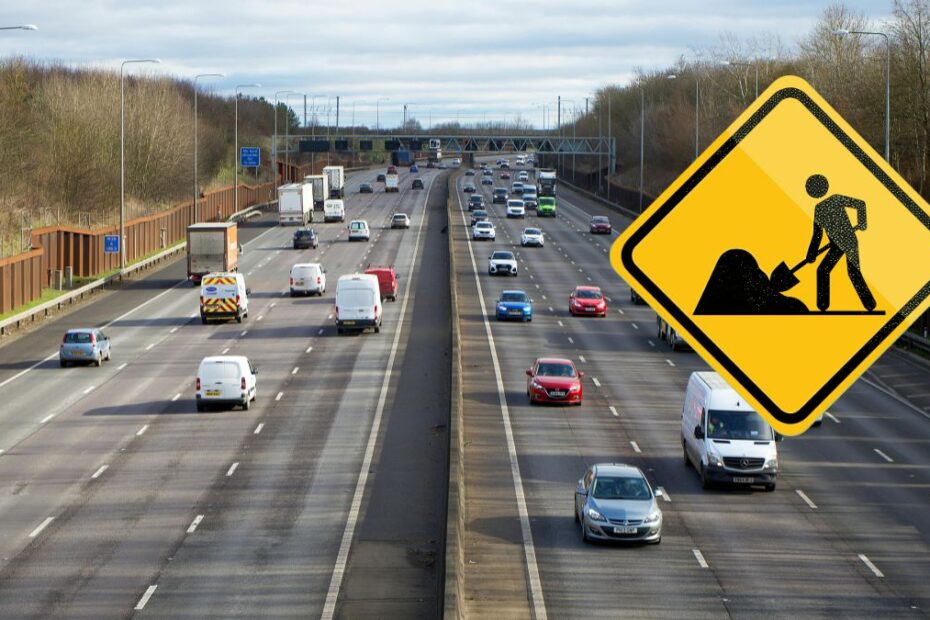 Ważna autostrada w UK zamknięta w okresie świąt Foto: autostrada w UK i znak prac drogowych