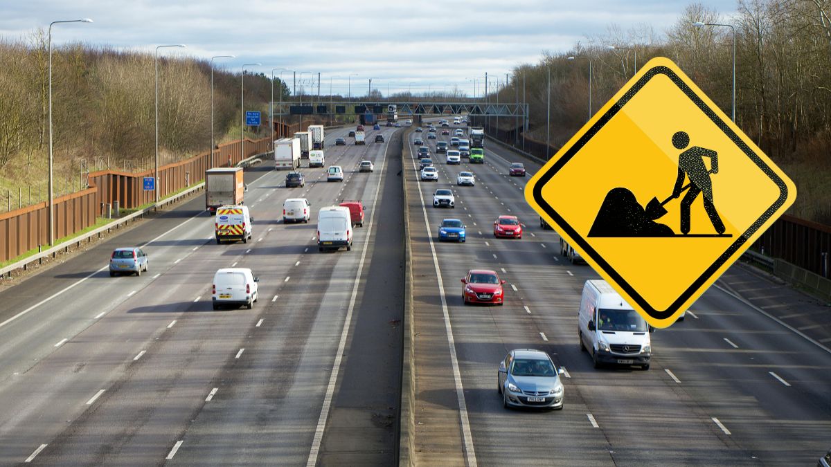 Ważna autostrada w UK zamknięta w okresie świąt Foto: autostrada w UK i znak prac drogowych