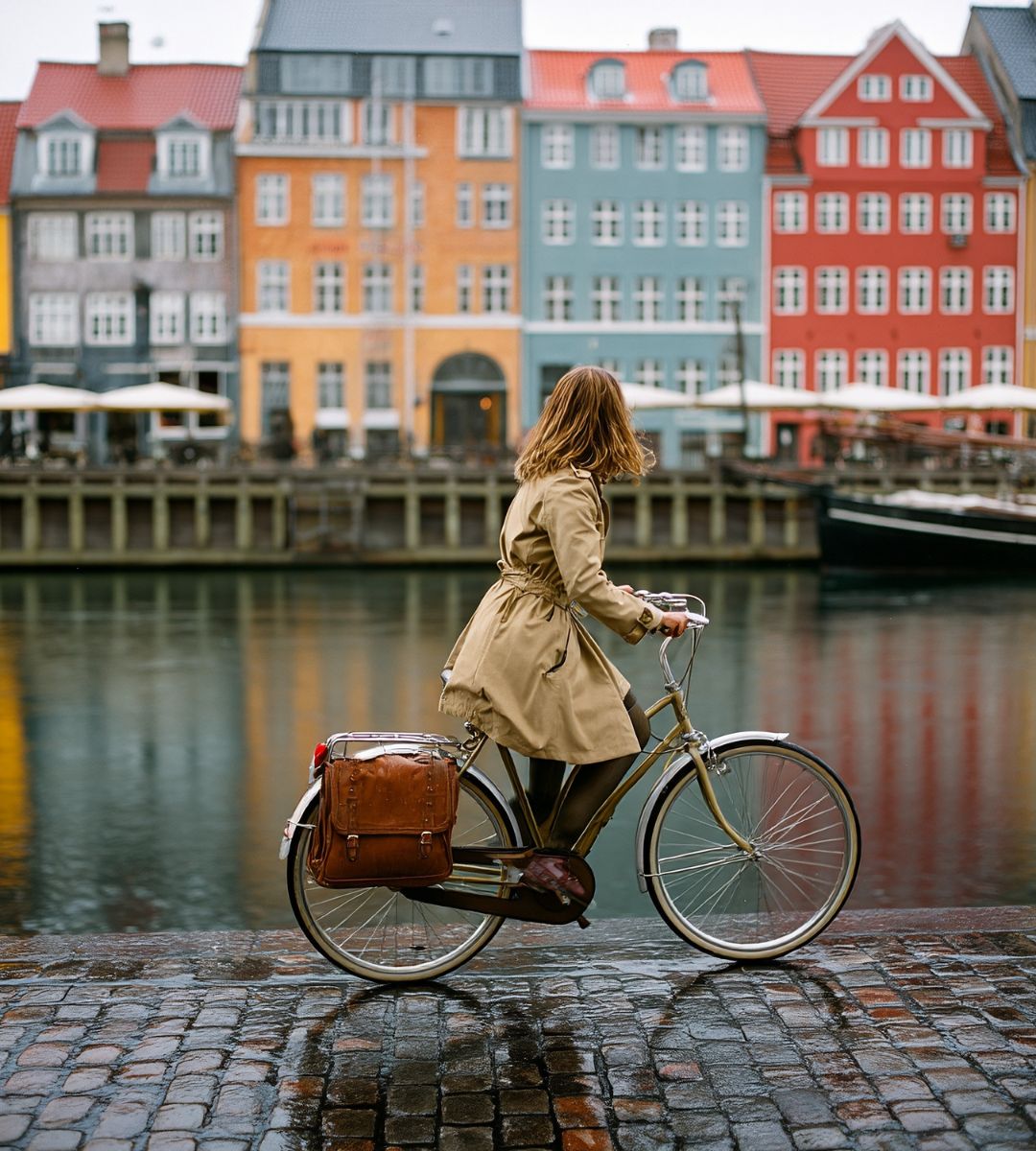 miasta w Europie które warto odwiedzić w styczniu Foto: młoda kobieta na rowerze w centrum Kopenhagi
