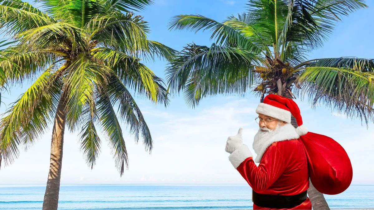 gdzie Polacy uciekają przed zimową aurą Foto: Święty Mikołaj na tle morza i palm
