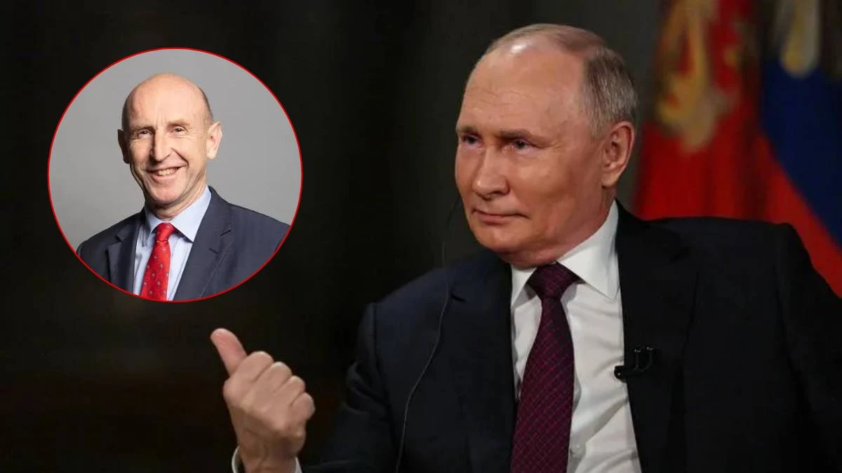 Brytyjski minister obrony John Healey oraz Władimir Putin na ilustracji medialnej