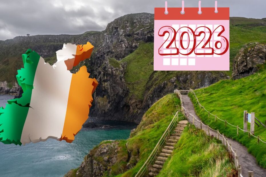 Pełna lista dni wolnych i bank holidays w Irlandii Foto: Typowy irlandzki krajobraz, flaga Irlandii i kalendarz z napisem 2026