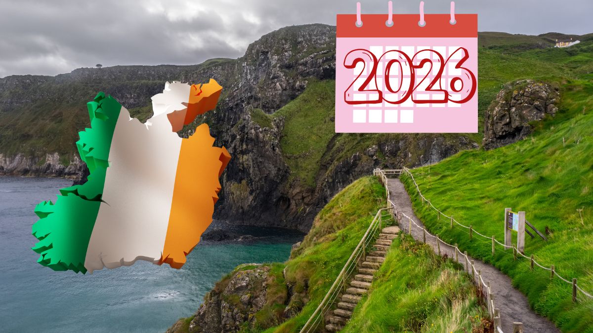 Pełna lista dni wolnych i bank holidays w Irlandii Foto: Typowy irlandzki krajobraz, flaga Irlandii i kalendarz z napisem 2026