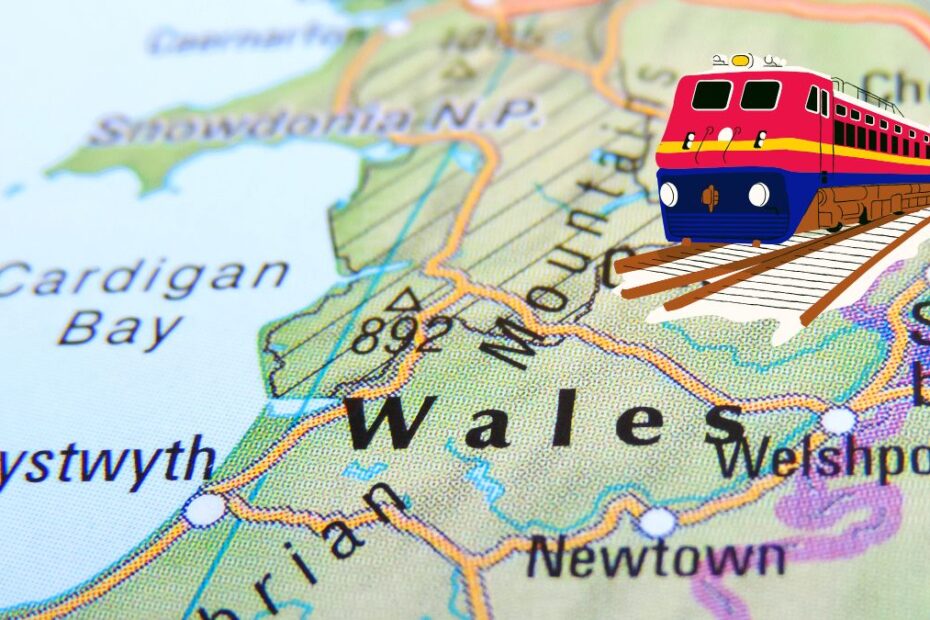 bilet po Walii bez limitu za 150 funtów Foto: mapa Walii, kolorowa miniatura pociągu