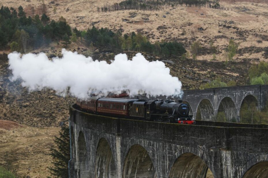 Najstarszy dworzec świata jest w Wielkiej Brytanii Foto: pociąg z lokomotywa parowa na wiadukcie