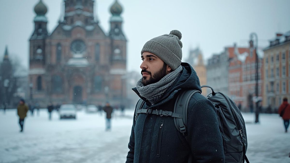 Odwiedził 98 krajów i wybrał Polskę Foto: mężczyzna z plecakiem zwiedzający miasto zimą