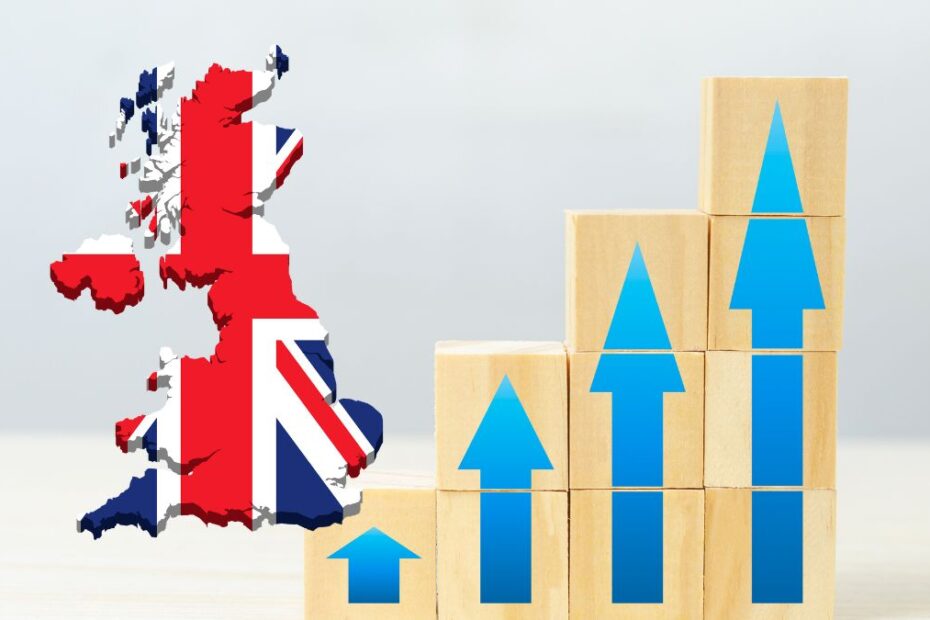 nowe stawki świadczeń w UK od kwietnia 2026 Foto: flaga UK i strzałki w górę