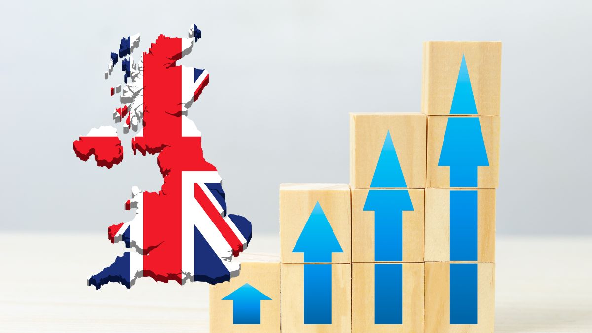 nowe stawki świadczeń w UK od kwietnia 2026 Foto: flaga UK i strzałki w górę