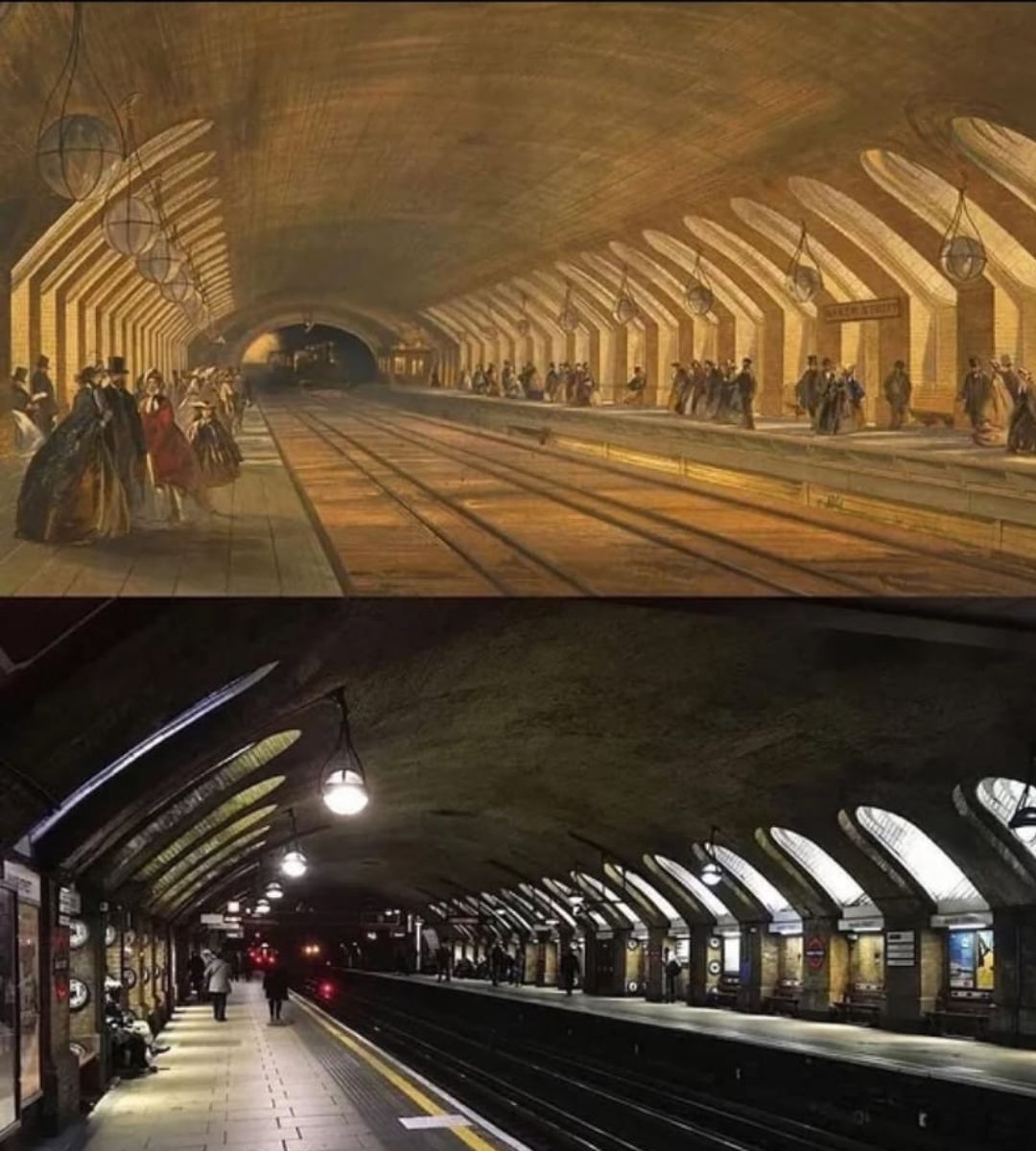 najstarsza stacja metra na świecie Foto: zestawienie dwóch fotografii stacji metra dziś i 160 lat temu