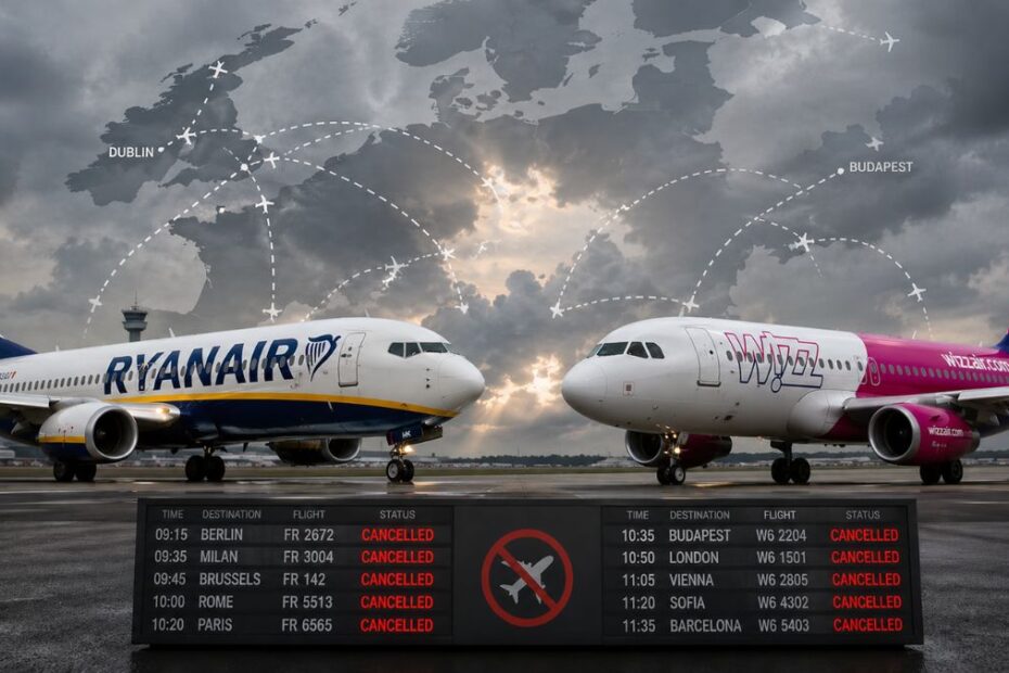 Czy Wizz Air stoi na skraju upadku Foto: samoloty Ryanair i Wizz Air i tablica odwołanych lotów