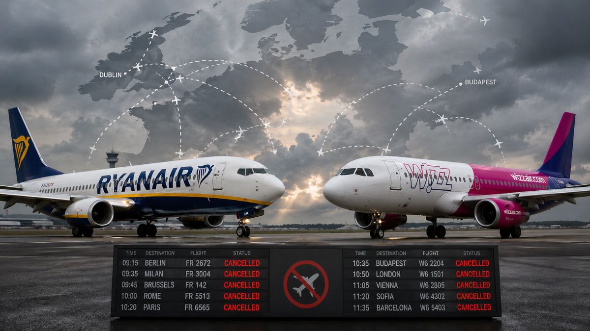 Czy Wizz Air stoi na skraju upadku Foto: samoloty Ryanair i Wizz Air i tablica odwołanych lotów