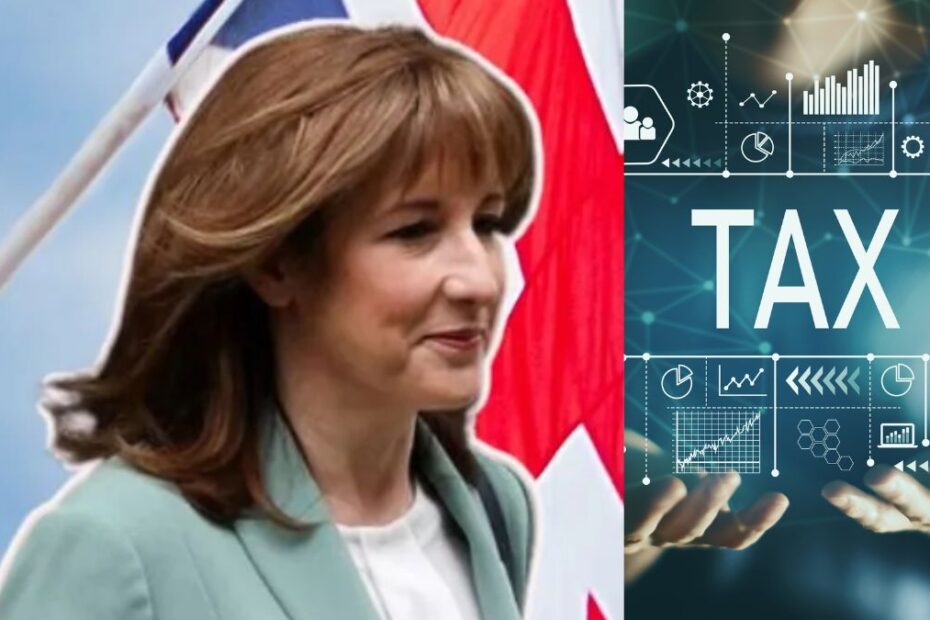 ukryty podatek Rachel Reeves Foto; Rachel Reeves, flaga UK i napis TAXES