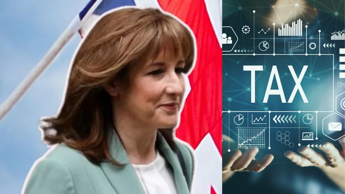 ukryty podatek Rachel Reeves Foto; Rachel Reeves, flaga UK i napis TAXES