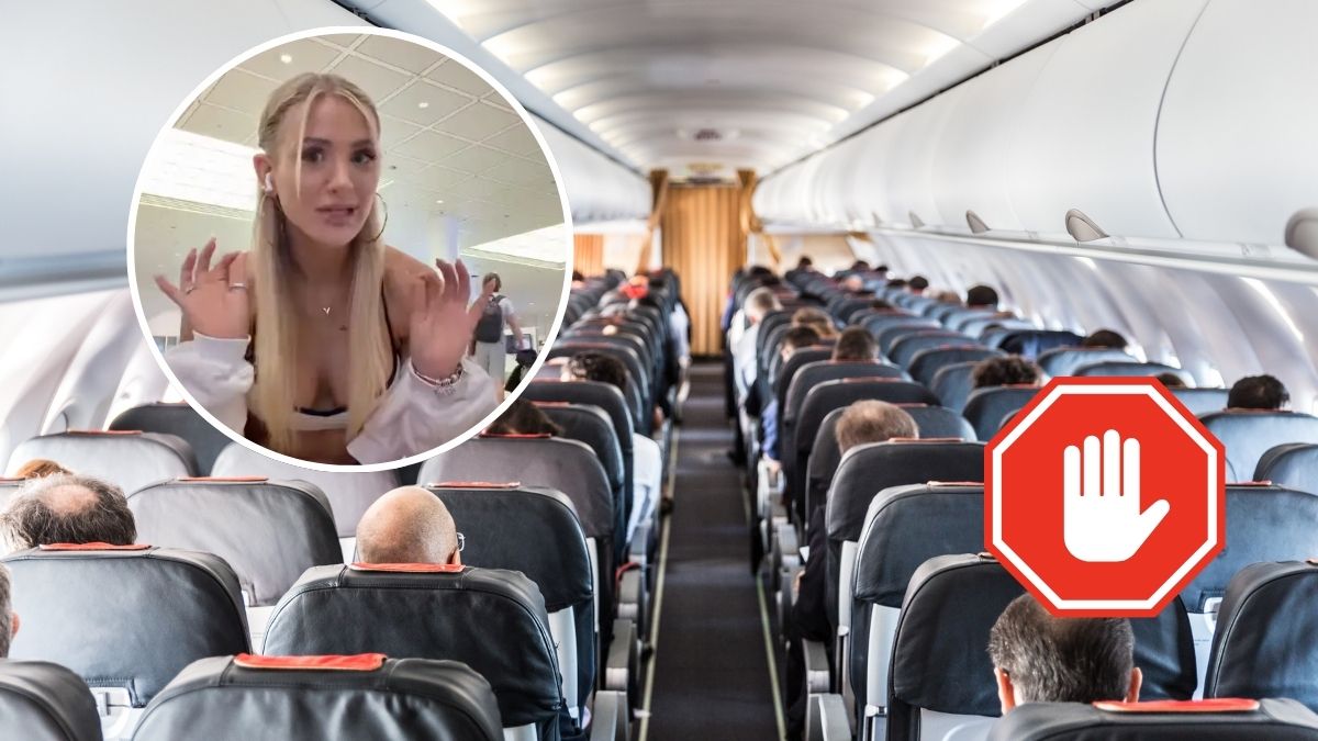 Nie wpuszczono jej do samolotu przez strój Foto: wnętrze samolotu i zdjęcie influencerki w kółku