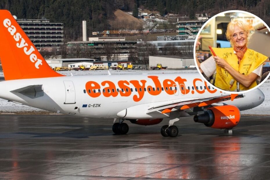 Została stewardesą w wieku 64 lat Foto: samolot easyJet i zdjęcie stewardessy w kółku