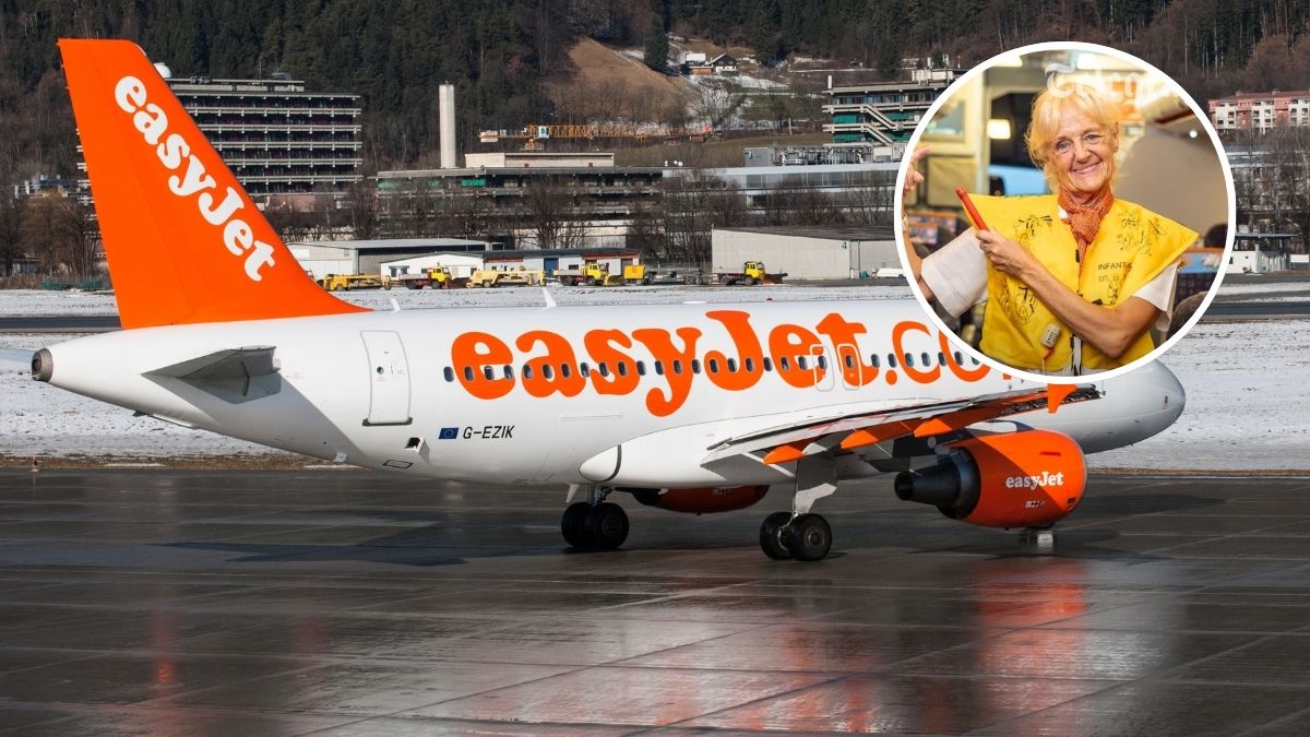 Została stewardesą w wieku 64 lat Foto: samolot easyJet i zdjęcie stewardessy w kółku