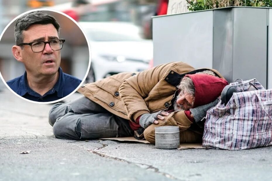 plan walki z bezdomnością Foto: osoba bezdomna na ulicy, zdjęcie Andy Burnhama w kółku
