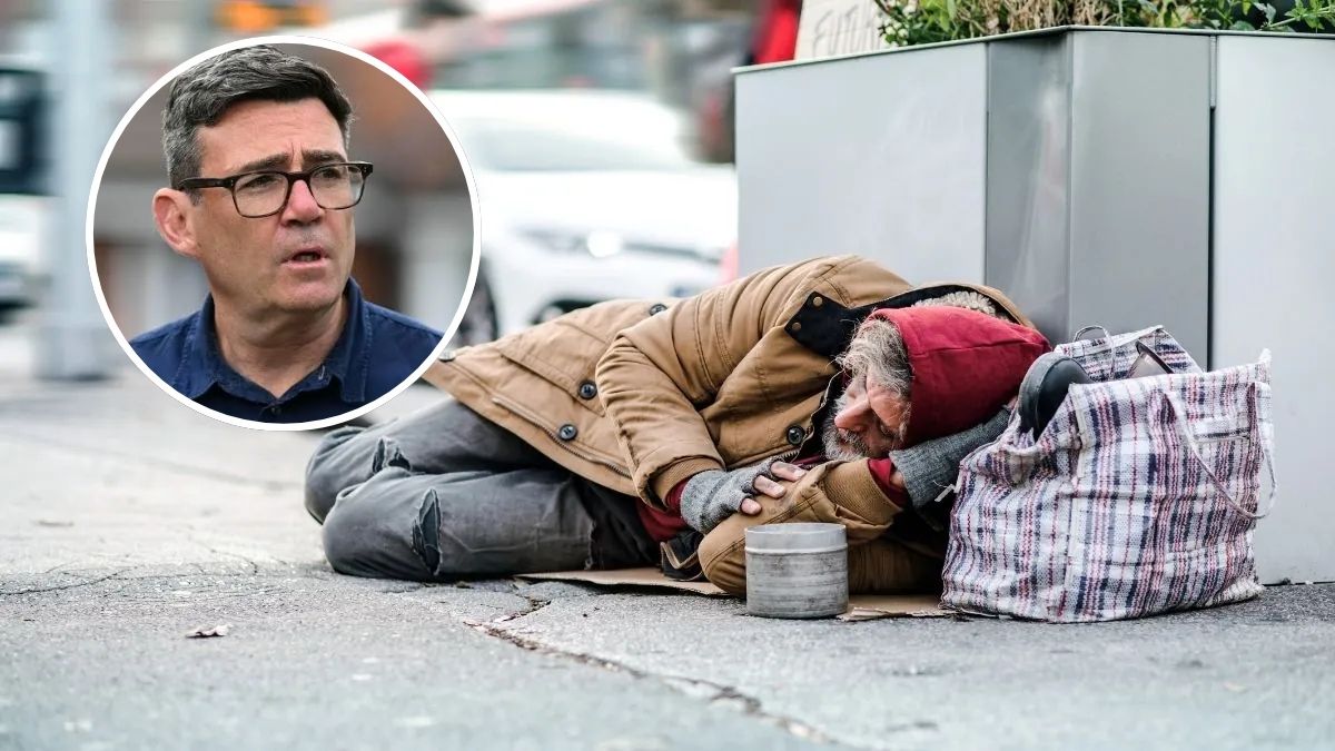 plan walki z bezdomnością Foto: osoba bezdomna na ulicy, zdjęcie Andy Burnhama w kółku