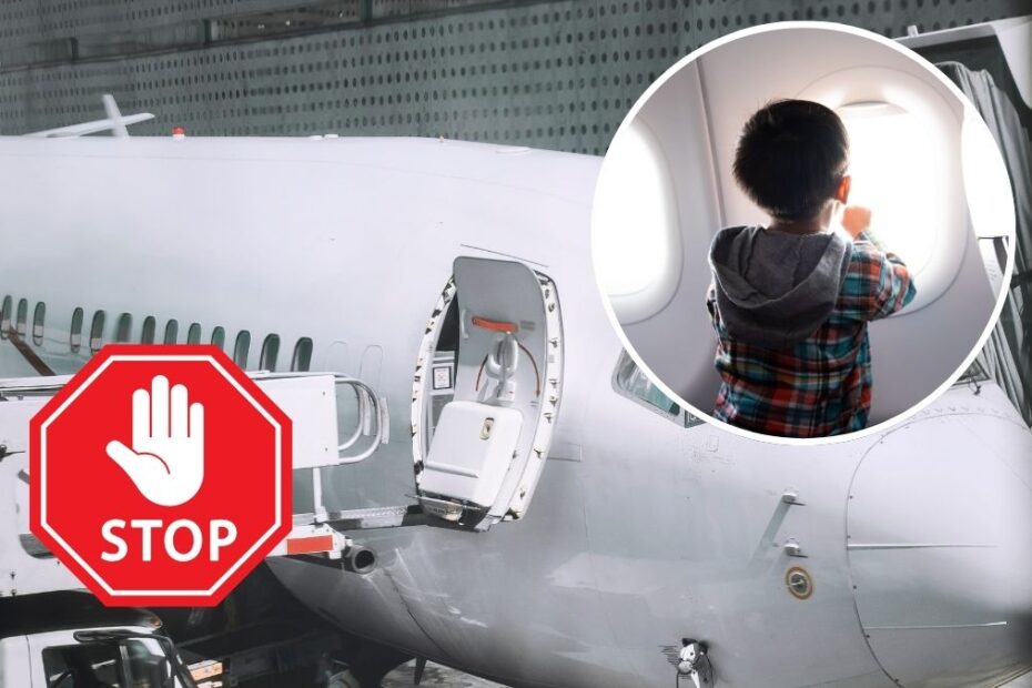 Dziecko odmówiło zapięcia pasów Foto: samolot, zdjęcie dziecka w kółku, znak stop