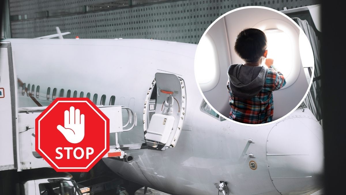 Dziecko odmówiło zapięcia pasów Foto: samolot, zdjęcie dziecka w kółku, znak stop