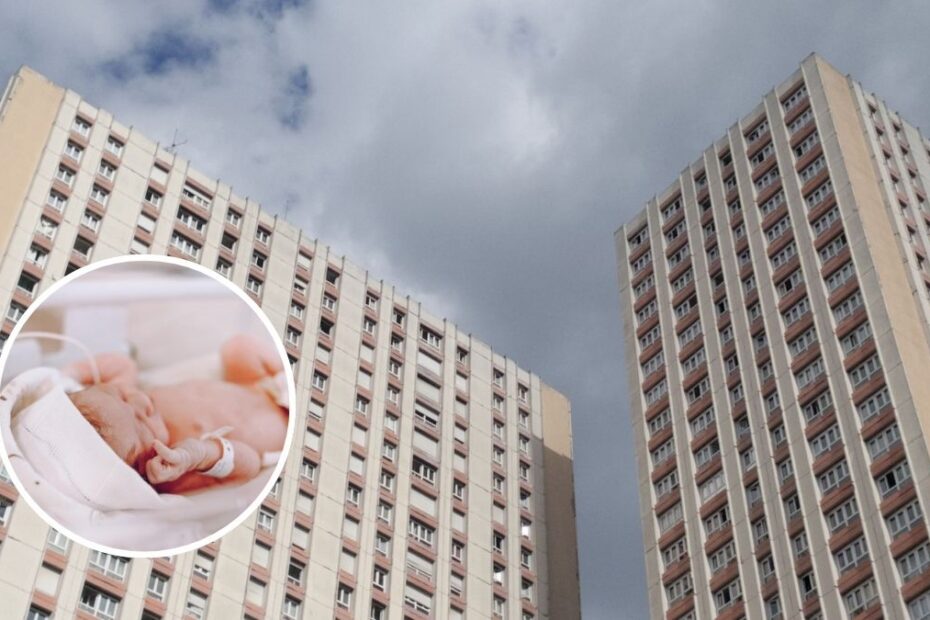 Ciężarna zginęła po upadku z dziewiątego piętra Foto: wysokie budynki mieszkalne i zdjęcie noworodka w kółku