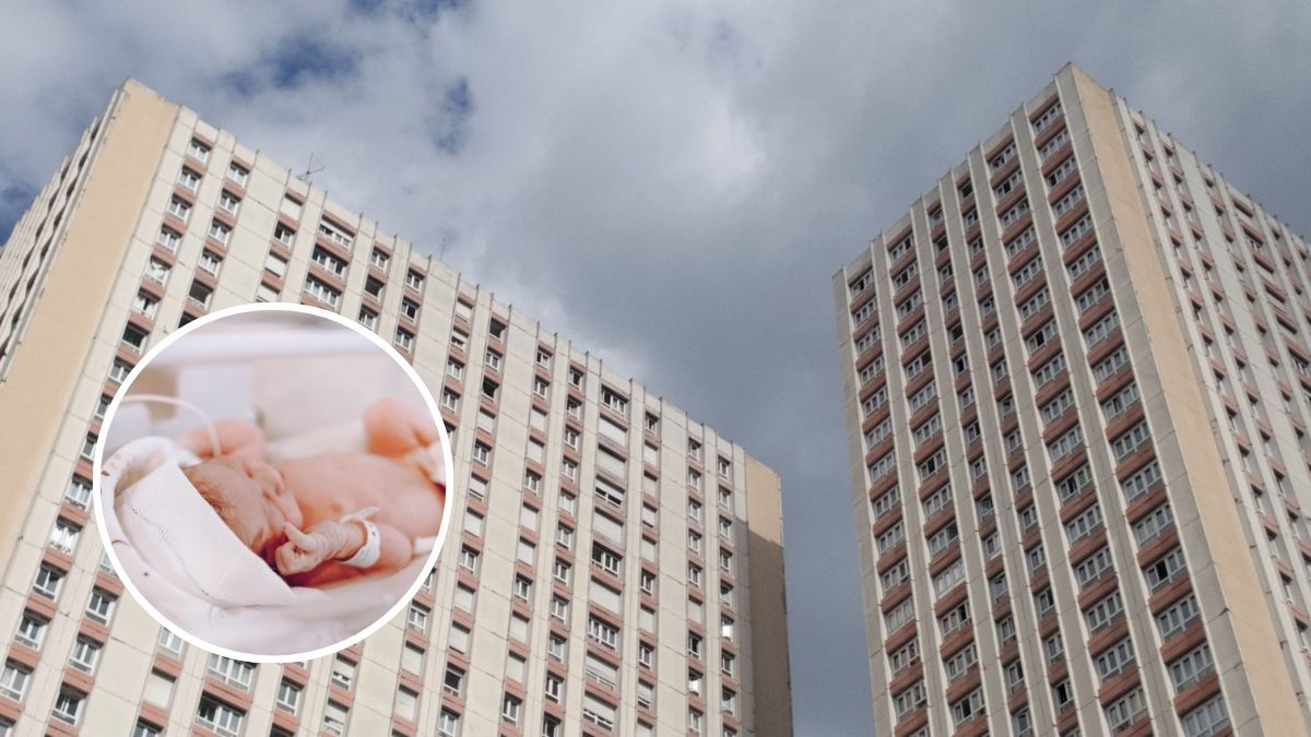 Ciężarna zginęła po upadku z dziewiątego piętra Foto: wysokie budynki mieszkalne i zdjęcie noworodka w kółku