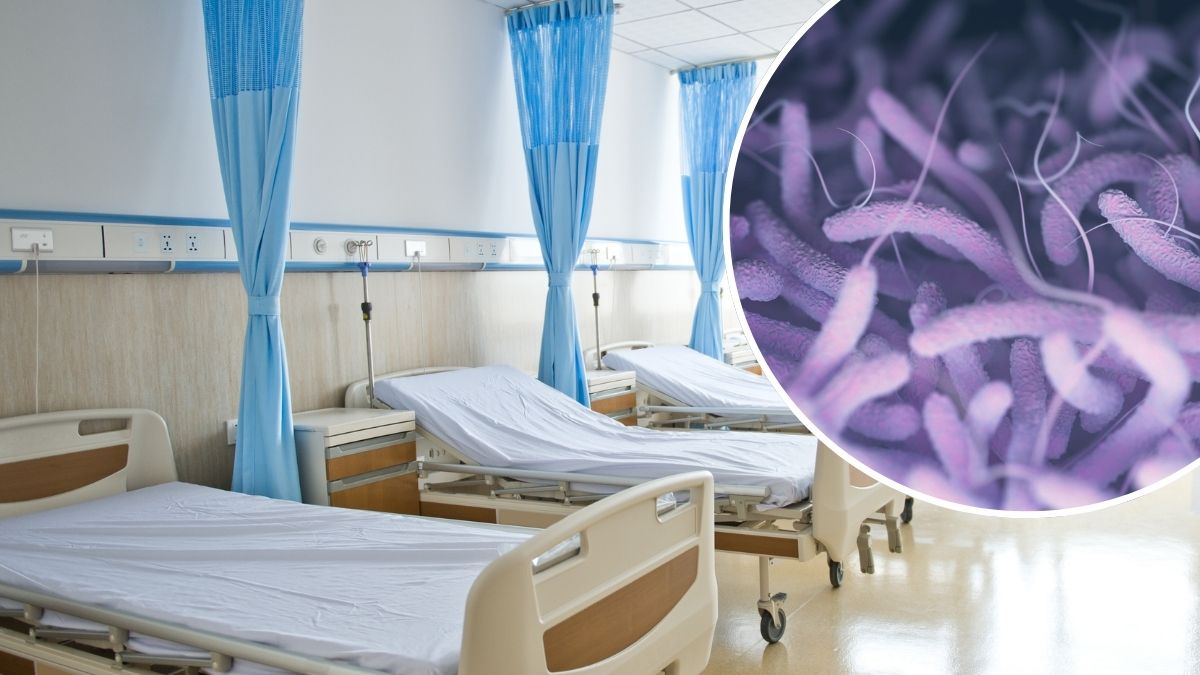 Czwarta ofiara śmiertelnej infekcji Foto: oddział szpitalny, powiększenie bakterii w kółku