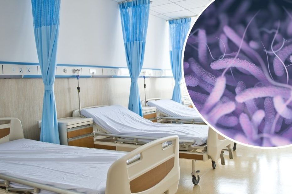 Czwarta ofiara śmiertelnej infekcji Foto: oddział szpitalny, powiększenie bakterii w kółku