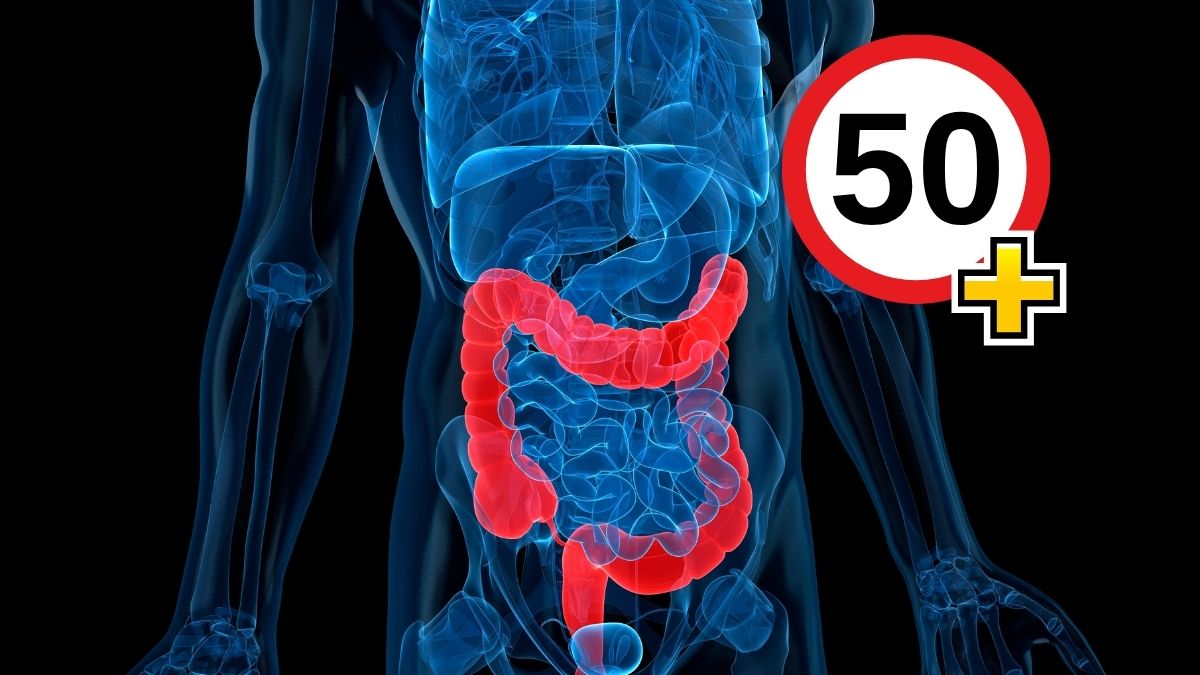 Po 50. roku życia jelita zaczynają działać inaczej Foto; grafika przedstawiająca jelita i znak 50+