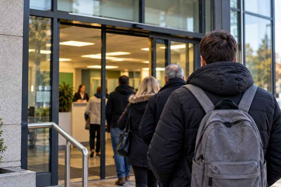 zmiany w Jobcentre Plus od 1 października 2026 Foto: ludzie stojący w kolejce do urzędu