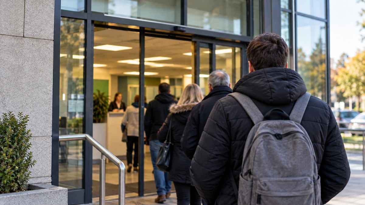 zmiany w Jobcentre Plus od 1 października 2026 Foto: ludzie stojący w kolejce do urzędu