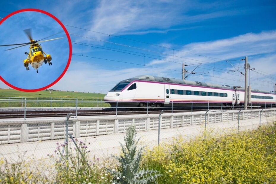 Hiszpania: Polak stracił rękę w wypadku kolejowym w Alicante. Na zdjęciu hiszpański pociąg oraz helikopter ratunkowy
