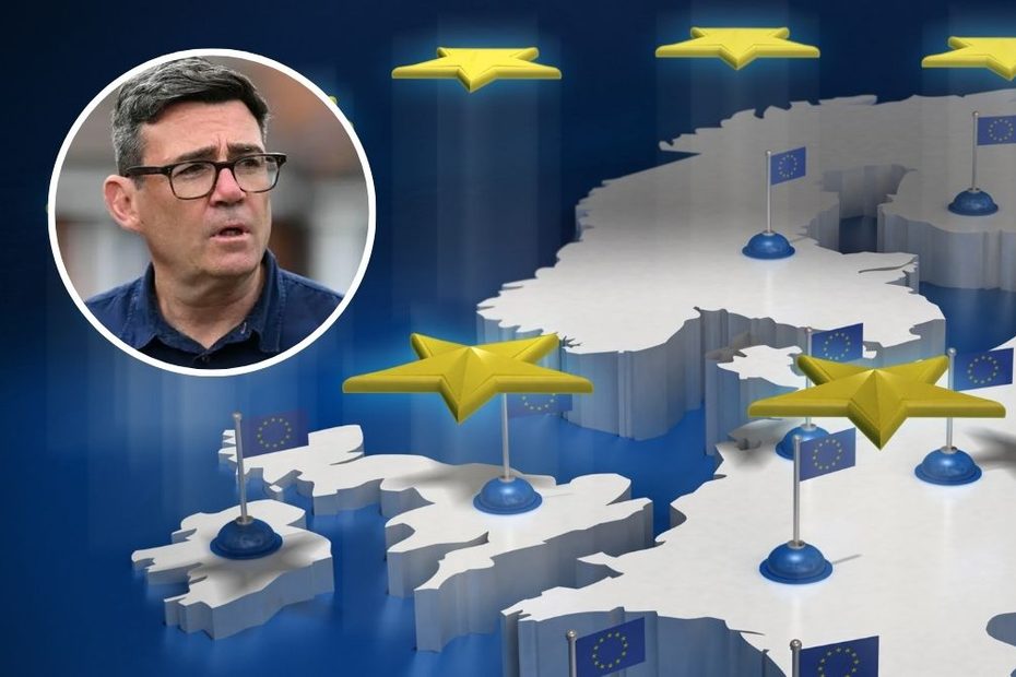 Burnham nie wyklucza ponownego przystąpienia do UE Foto: grafika przestawiająca kraje UE i zdjęcie Burnhama w kółku