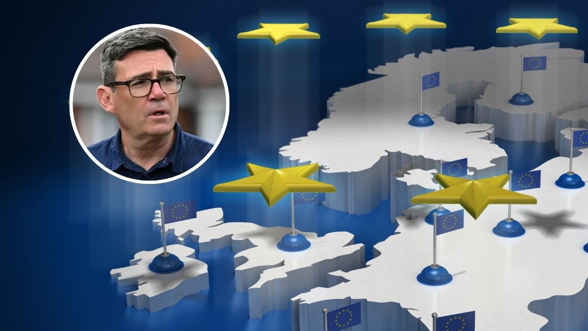 Burnham nie wyklucza ponownego przystąpienia do UE Foto: grafika przestawiająca kraje UE i zdjęcie Burnhama w kółku