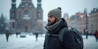 Odwiedził 98 krajów i wybrał Polskę Foto: mężczyzna z plecakiem zwiedzający miasto zimą