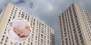 Ciężarna zginęła po upadku z dziewiątego piętra Foto: wysokie budynki mieszkalne i zdjęcie noworodka w kółku